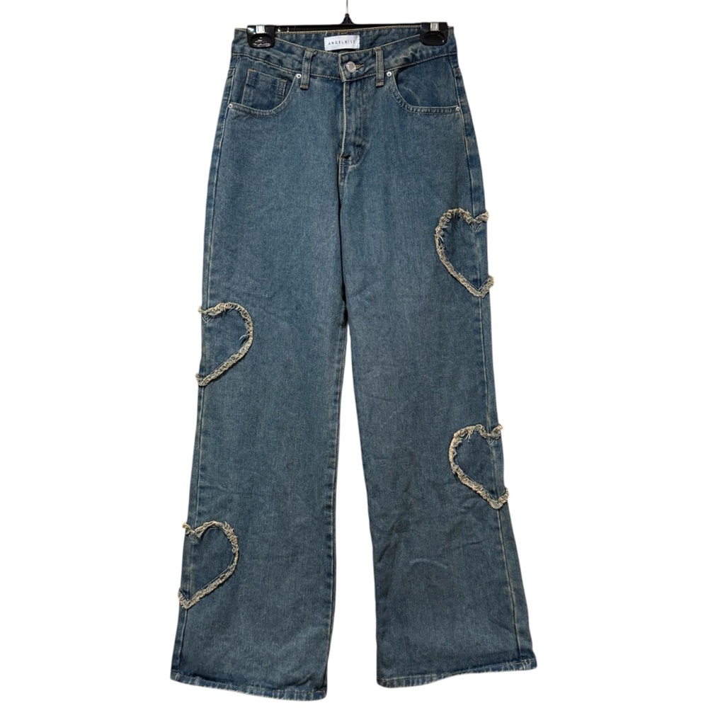 Angel Kiss Y2K 00s Heart Cutout Jeans Wide Leg Frayed Denim Sz 0/24